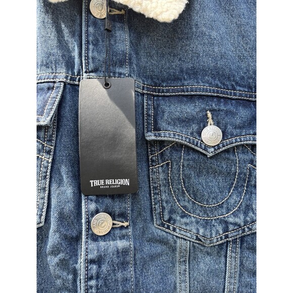 True Religion Sherpa Collar Denim Blizzard Wash  Western Trucker Jacket Large - Picture 2 of 8